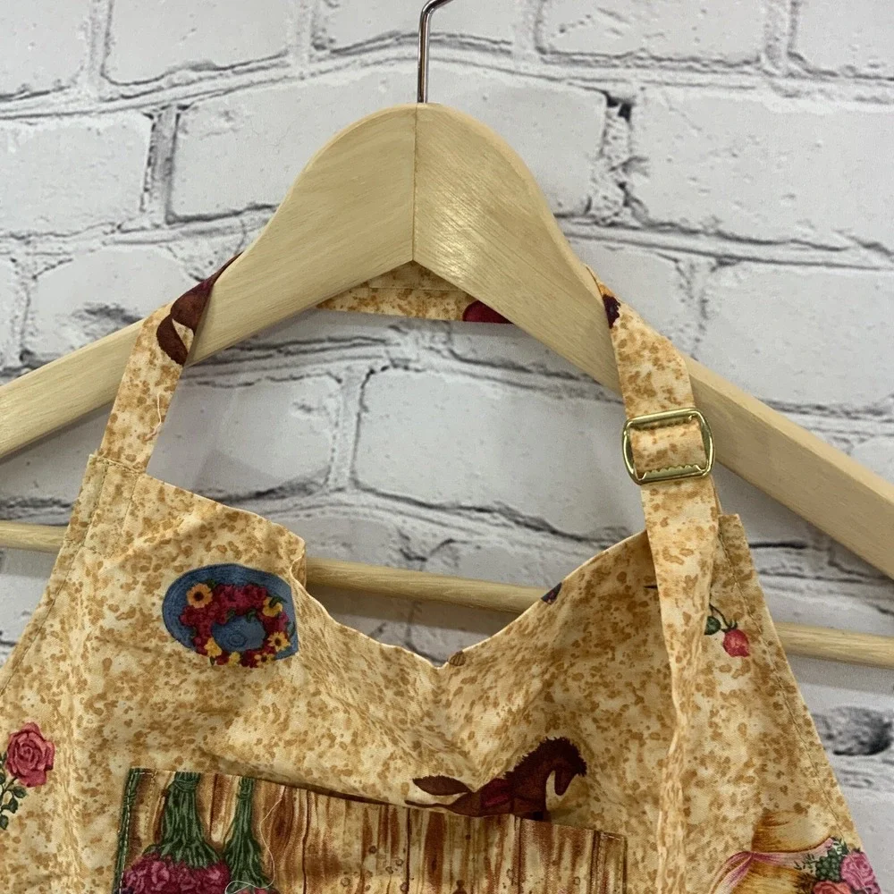 Kitchen Apron Garden Print Cottagecore Beige Flower‎ Baskets Horses
